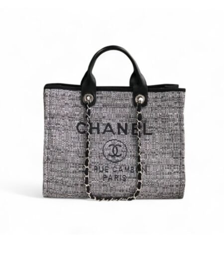 Chanel Deauville Tote Raffia Canvas Bag Black For Women 14.9in/38cm