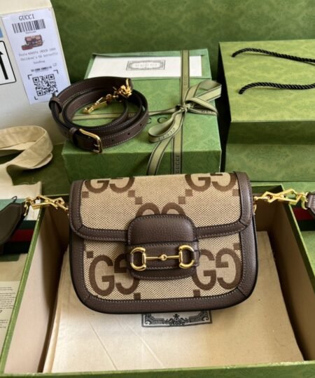 Gucci Horsebit 1955 Jumbo Mini Bag Camel And Ebony Jumbo GG Canvas For Women 8in/21cm 658574 UKMDG 2570