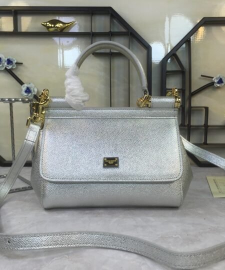 Dolce & Gabbana Medium Sicily Handbag In Dauphine Silver For Women 10.2in/26cm DG