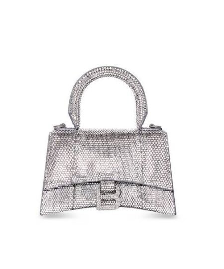 Balenciaga Furry Hourglass Small Handbag With Rhinestones In Grey/Pink/Yellow/Black For Women