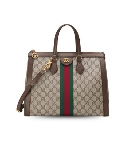 Gucci Ophidia GG Medium Tote Bag Beige/Ebony GG Supreme Canvas With Brown For Women 13in/33cm GG 524537 K05NB 8745