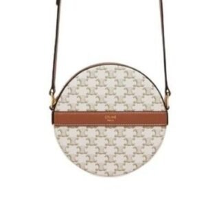 Celine Round Purse On Strap In Triomphe Canvas White/Brown For Women 5in/13.5cm