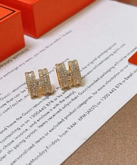 Hermes H Logo Earrings Gold Tone For Women