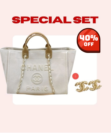 Special Set Chanel: Large Deauville Pearl Tote Bag + Earrings Gold
