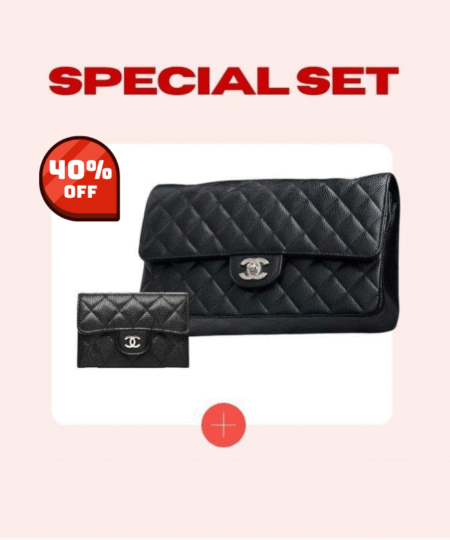 Special Set Chanel Classic: Bag Handbag Silver Hardware + Wallet Card Holder Silver Tone Hardware