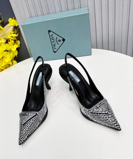 Prada Satin Slingback Pumps With Crystals Silver For Women 2.2in/55mm PRD