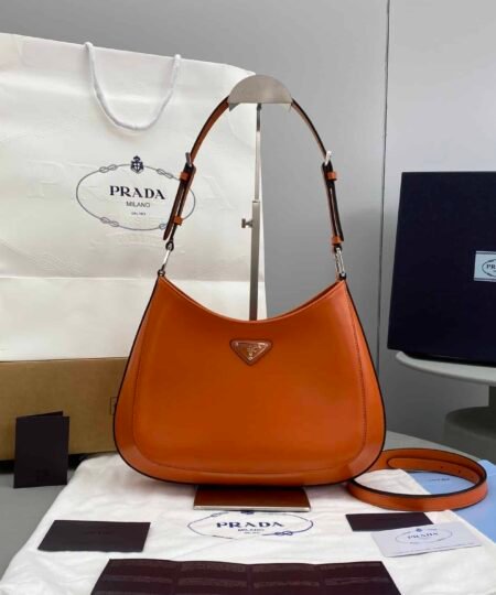Prada Cleo Brushed Shoulder Bag Orange For Women, Women's Bags 11.8in/30cm