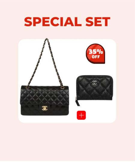 Special Set Chanel: Chanel Classic Handbag Gold Toned Hardware Black For Women 10.2in/26cm + Chanel Classic Zipped Coin Purse Black For Women 4.3in/11cm
