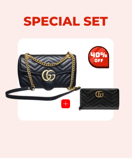 Special Set Gucci: Gucci Marmont Matelass Shoulder Bag 9.8in/25cm + Gucci GG Marmont Zip Around Wallet Black For Women 7.4in/19cm