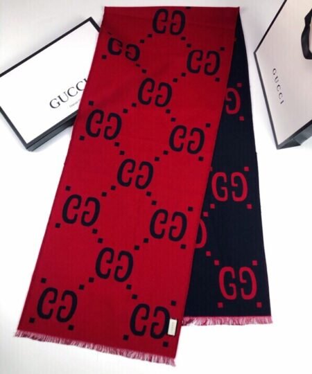 Gucci Wool Silk Jacquard Monogram Blue/ Red Scarf 180cm/71in 495592 4G350 4074
