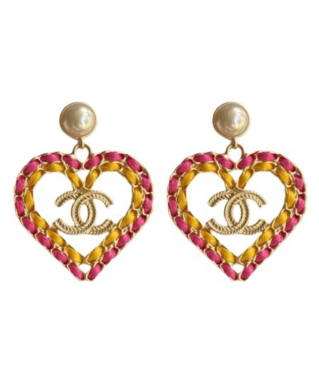 Pink Yellow Borders Heart Earrings Gold Tone For Women