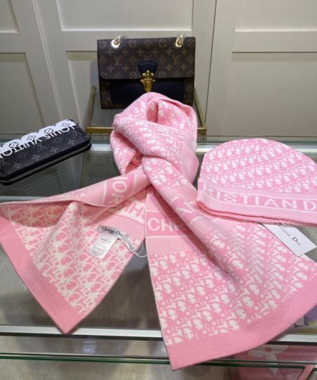 Dior Pompom Beanie & Scarf Set In Pink