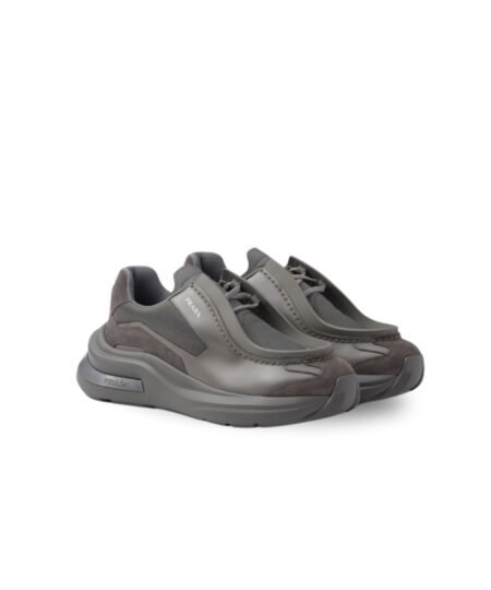 Prada Systeme Brushed Leather Sneakers With Bike Fabric And Suede Marble Gray For Men 2EG424_3C37_F0DWG