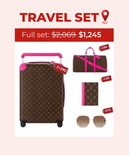 Travel Set: Louis Vuitton Horizon 55 Suitcase + Louis Vuitton Keepall Bandoulière 50 Bag + Louis Vuitton Passport Cover Wallet + LV Chain Round Sunglasses