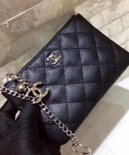 Chanel CO-CO Classic Mini Pouch Wallet 14cm/5.5in Silver Toned Hardware For Women Black