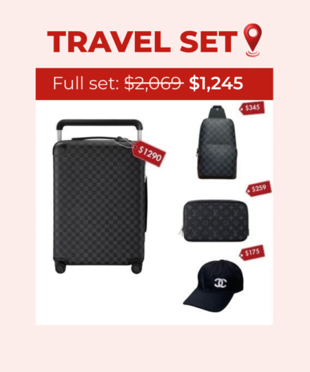 Travel Set: Louis Vuitton Horizon 55 Suitcase + Louis Vuitton Avenue Sling Bag + Louis Vuitton Toilet Pouch + Chanel Cap Black