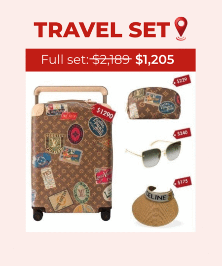 Travel Set: Louis Vuitton Horizon 55 Suitcase + Louis Vuitton Cosmetic Pouch + Louis Vuitton Charm Cat Eye Sunglasses + Celine Sedge Summer Hat