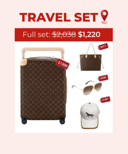 Travel Set: Louis Vuitton Horizon 55 Suitcase + Louis Vuitton Neverfull GM Tote Bag + Louis Vuitton The LV Pilot Sunglasses + Hermes Horse Cap White Hermes Cap