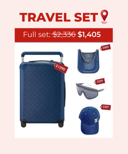 Travel Set: Louis Vuitton Horizon 55 Suitcase + Chanel 24S Denim Blue Hobo Bag + Dior Club M2U + Chanel Cap