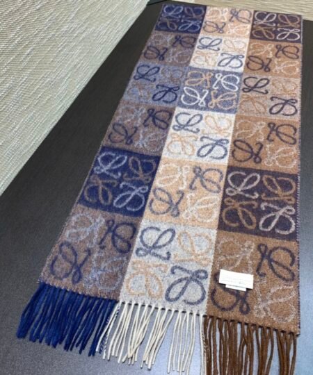 Loewe Anagram In Wool And Cashmere Navy/Brown Scarf 180cm/71in 0010478220