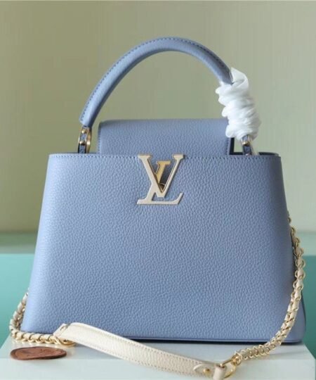 Louis Vuitton Capucines MM Taurillon Light Blue/ Beige For Women, Women’s Bags, Shoulder And Crossbody Bags 12.4in/31.5cm LV