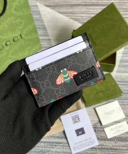 Gucci Card Case Black with Bees Signature For Men 4in/10cm GG