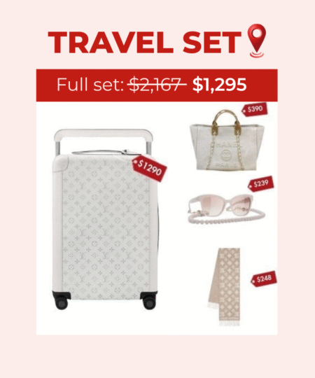 Travel Set: Louis Vuitton Horizon 55 Suitcase + Chanel Large Deauville Pearl Tote Bag + Chanel Square Sunglasses + Louis Vuitton LV 3D Scarf