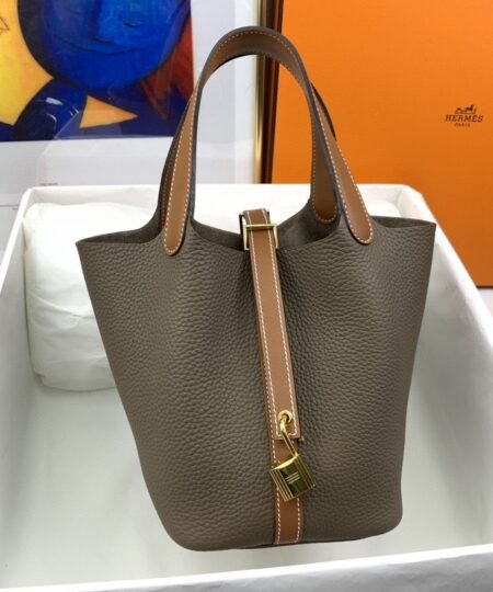 Hermes Picotin Lock 18 Bag Etoupe/Brown With Gold-Toned Hardware For Women, Women’s Handbags 7.1in/18cm