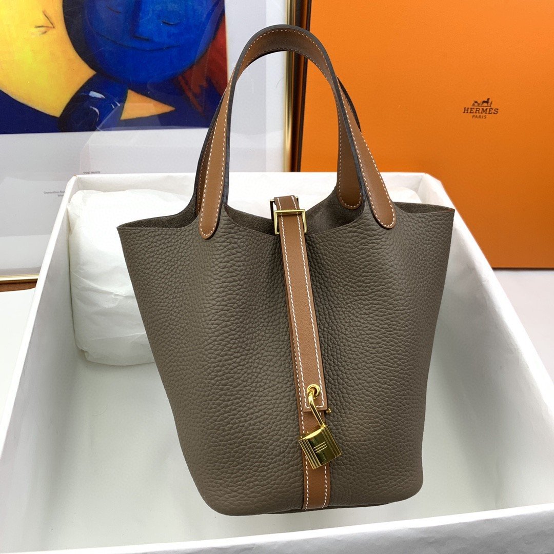 Hermes Picotin Lock 18 Bag Etoupe/Brown With Gold-Toned Hardware For Women, Women’s Handbags 7.1in/18cm