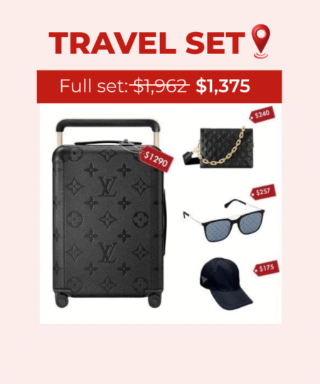 Travel Set: Louis Vuitton Horizon 55 Suitcase + Louis Vuitton Coussin PM Bag + Louis Vuitton Mix It Up Square Sunglasses + Prada Re-Nylon Baseball Cap