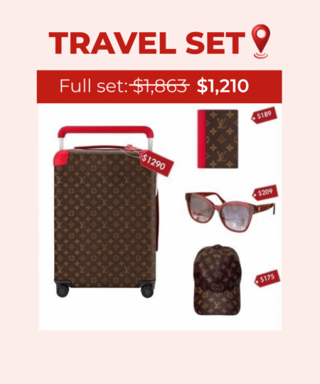 Travel Set: Louis Vuitton Horizon 55 Suitcase + Louis Vuitton Passport Cover Wallet + Chanel Squares Sunglasses + Louis Vuitton LV Get Ready Cap