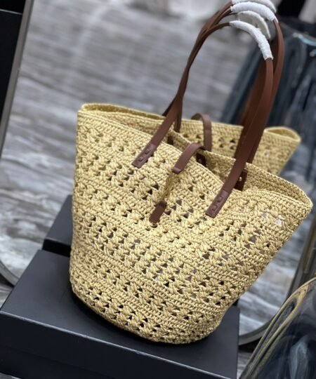 Saint Laurent Hollow Straw Woven Tote Bag Yellow For Women, Women’s Bags 21.6in/55cm YSL