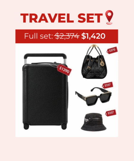 Travel Set: Louis Vuitton Horizon 55 Taiga Leather Suitcase + Dior Medium Nolita Bag + Woven Fabric Bucket Hat + Louis Vuitton 1.1 Millionaires Sunglasses