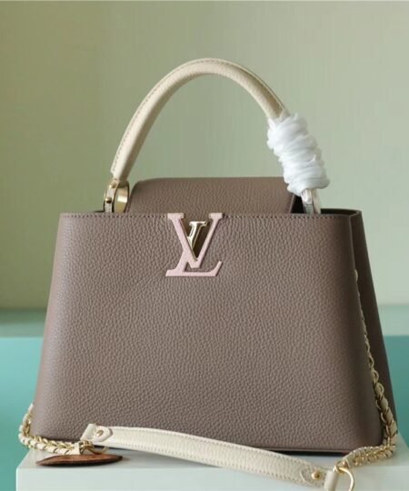 Louis Vuitton Capucines MM Taurillon Smokey Brown Green/ Creme/ Pink For Women, Women’s Bags, Shoulder And Crossbody Bags 12.4in/31.5cm LV M59516