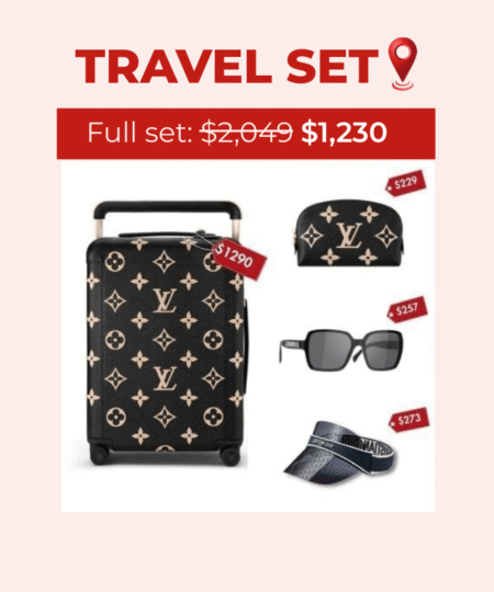Travel Set: Louis Vuitton Horizon 55 Suitcase + Louis Vuitton Cosmetic PM Pouch Bag + Chanel Square Sunglasses + Dior Diorclub V1U Hat