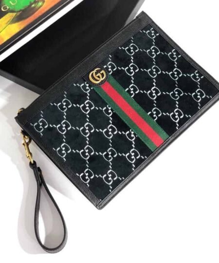 Gucci Off The Grid Pouch Black With Red and Green Stripes With Gold Toned Hardware For Men 12in/31cm GG