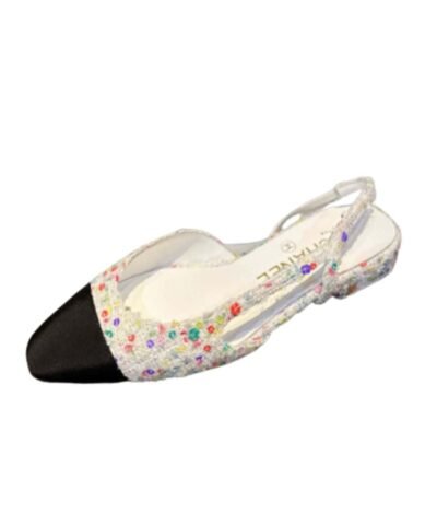 Chanel Sling Back Tweed Sandals White For Women
