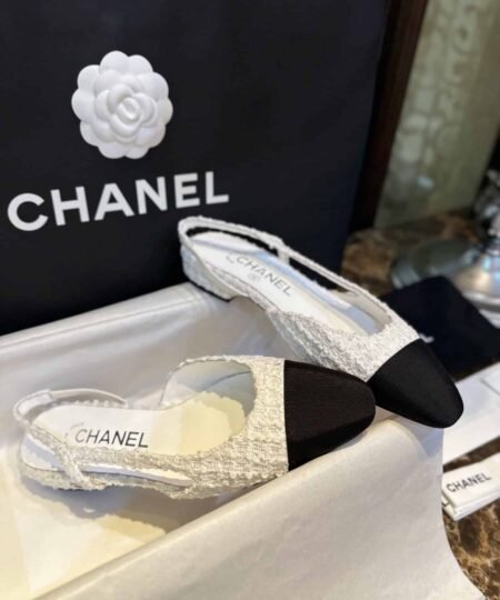 Chanel Sling Back Tweed Sandals White For Women