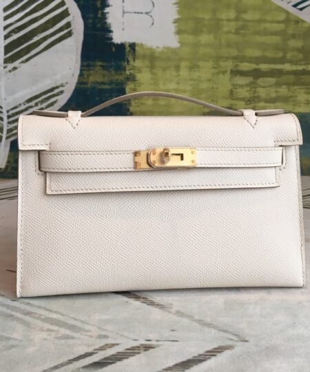 Hermes Kelly Pochettee White For Women Gold Toned Hardware 8.5in/22cm