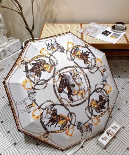 Hermes Long Umbrella With Horse Motif White