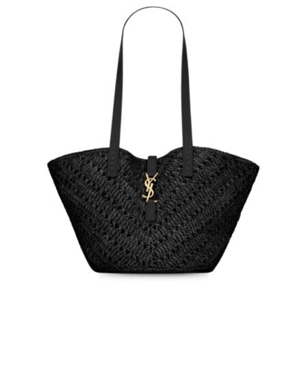 Saint Laurent Panier Small In Raffia And Vegetable-Tanned Black For Women 15 Inches/ 38 Cm 751240GAADP1000