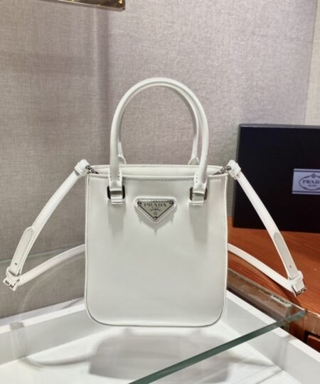 Prada Small Brushed Tote White For Women, Women’s Bags 6.9in/18cm 1BA331_ZO6_F0009_V_OOO