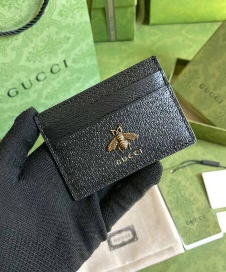 Gucci Animalier Card Case Black with Metal Bee For Men 4in/10cm GG 523685 DJ20T 1000