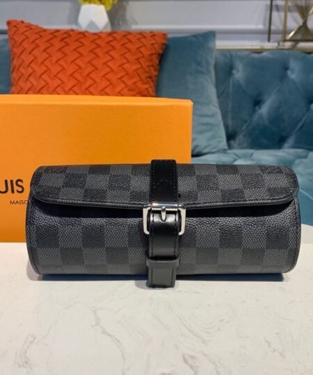 Louis Vuitton 3 Watch Case Damier Graphite Canvas For Men, Men’s Bags, Travel Bags 7.9in/20cm LV N41137