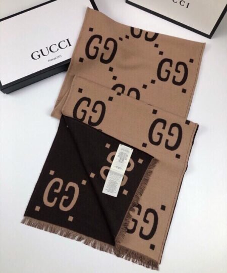 Gucci Wool Silk Jacquard Monogram Brown/Beige Scarf 180cm/71in 495592 4G350 2179