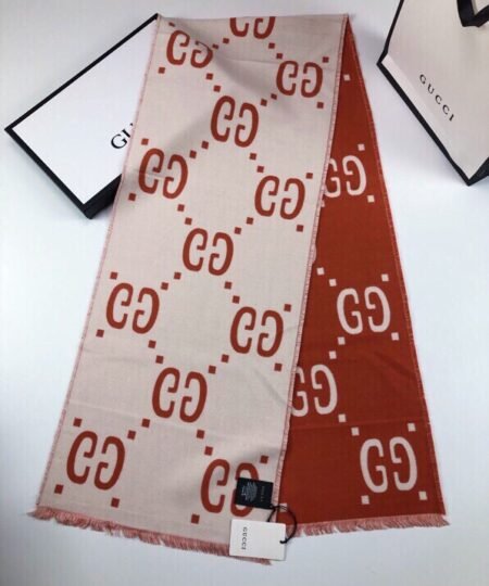 Gucci Wool Silk Jacquard Monogram Red/ White Scarf 180cm/71in