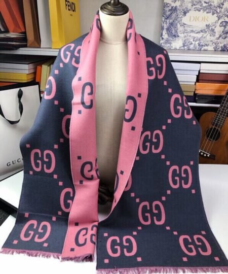 Gucci Wool Silk Jacquard Monogram Pink/ Dark Blue Scarf 180cm/71in