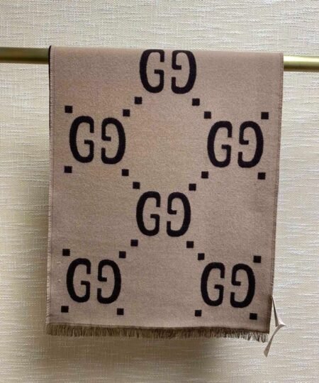 Gucci Jacquard Wool Silk Monogram Brown/ Beige Scarf 180cm/71in