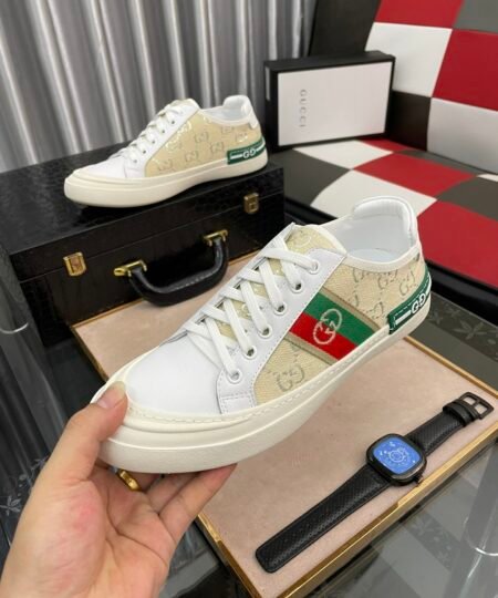 Gucci Men’s GG Embroidery Sneaker With Web White And Beige For Men