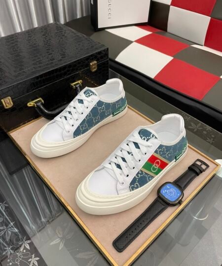 Gucci Men’s GG Embroidery Sneaker With Web White And Blue For Men